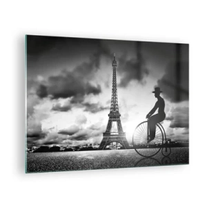 Tablou pe sticlă - Turnul Eiffel cu bicicletă retro în alb și negru - 70x50cm - Dorul de Belle Epoque - Decorațiune modernă pentru perete pentru living și dormitor ARTTOR