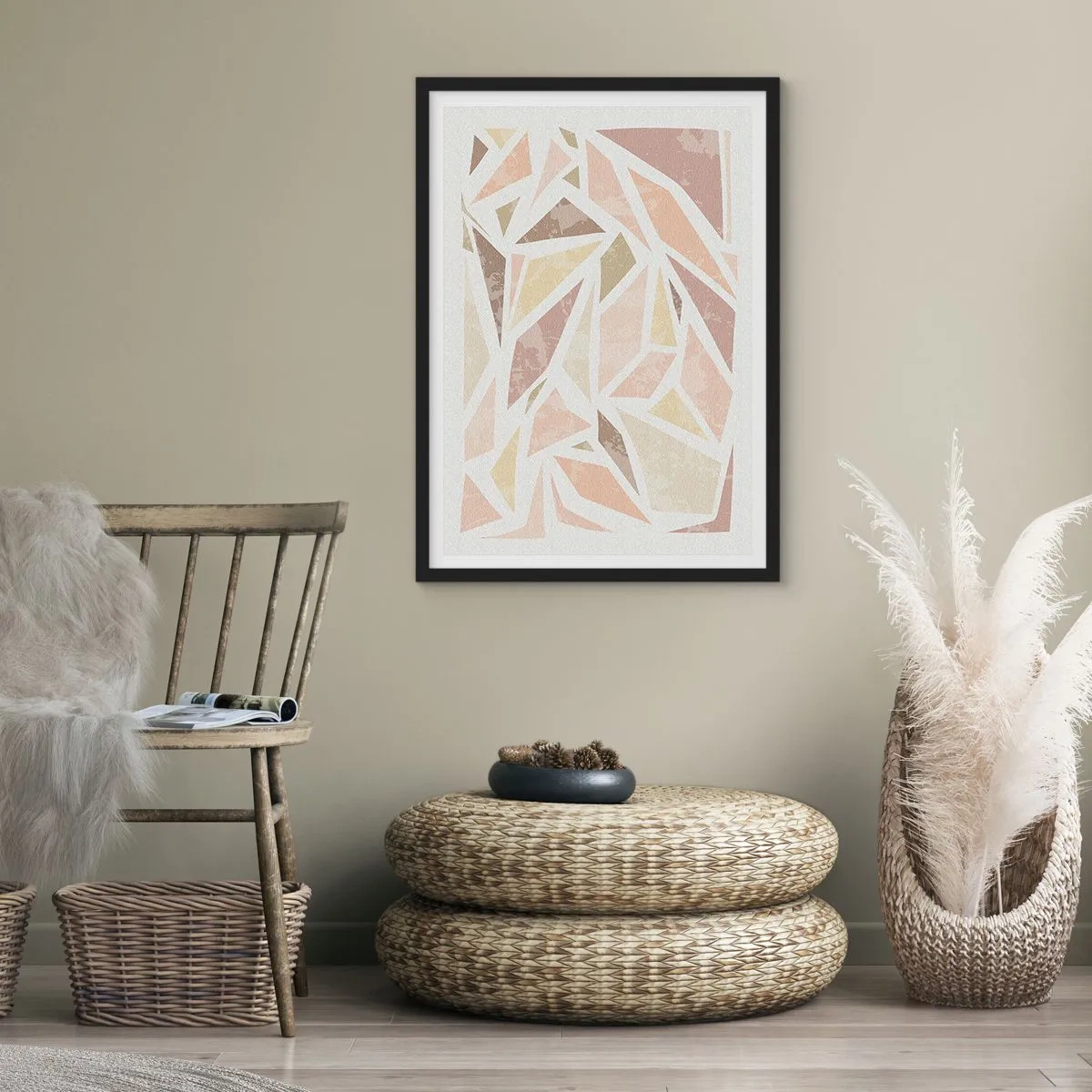 Poster în ramă neagră - Abstracție geometrică în nuanțe pastelate - 50x70cm - Compoziție de vitralii - Decorațiune modernă pentru perete pentru living și dormitor ARTTOR
