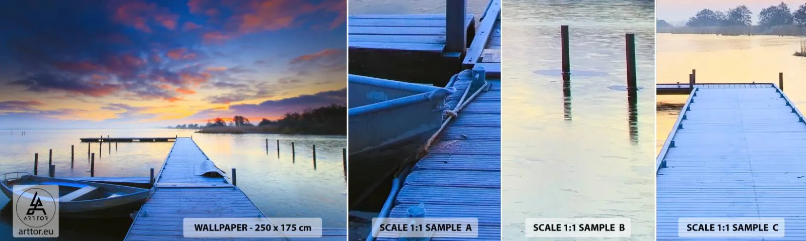 Mostră de Tapet Standard Eco - Seninătate mov-auriu - Peisaj, Lac, Barcă - 100x30 cm