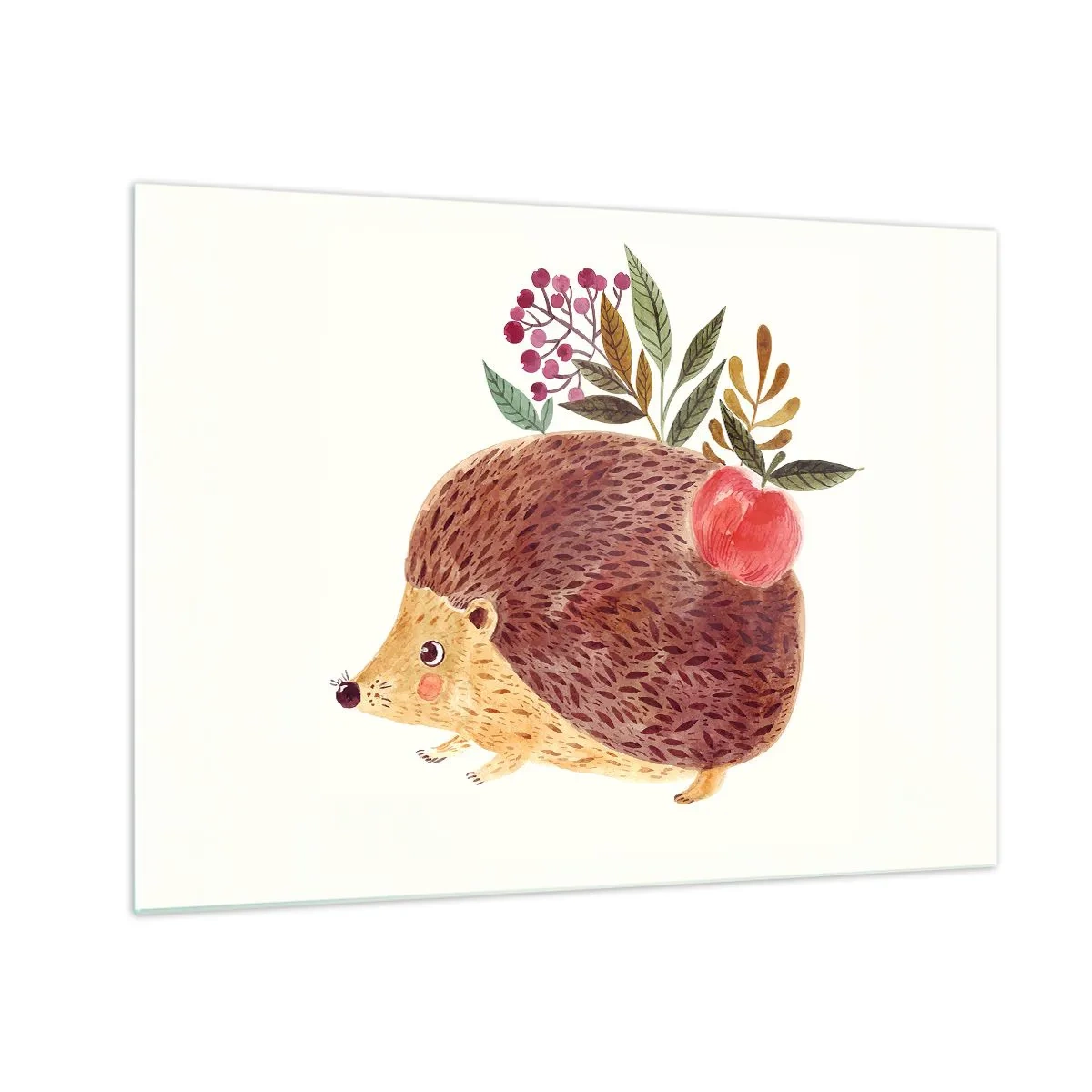 Tablou pe sticlă - Un arici de desene animate cu un măr și crenguțe pe spate - 70x50cm - Și tu deja mă placi - Decorațiune modernă pentru perete pentru living și dormitor ARTTOR