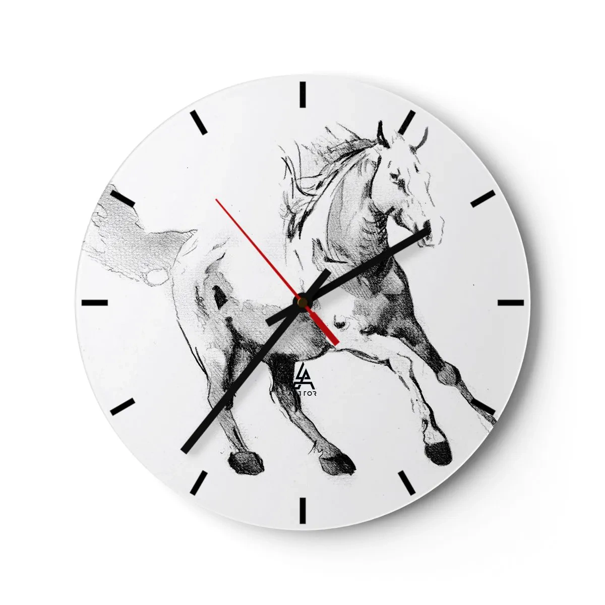 Ceas de perete - Ceas pe sticlă - Schiță a unui cal în galop pe fundal alb - 30x30cm - Suflet neîmblânzit - Decorațiune modernă pentru perete pentru living, bucătărie și dormitor ARTTOR