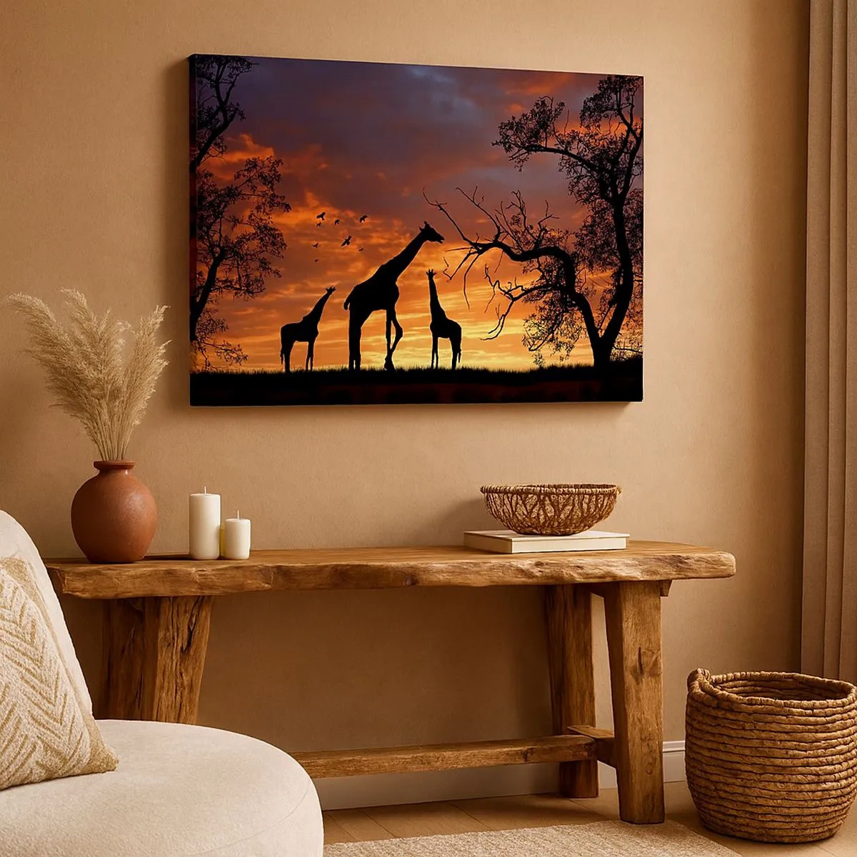 Tablou pe pânză Canvas - Siluete de girafe pe fundalul apusului african - 70x50cm - O mică cină cu cei dragi - Decorațiune modernă pentru perete pentru living și dormitor ARTTOR