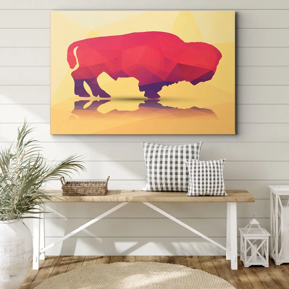 Tablou pe pânză Canvas - Siluetă geometrică a unui bizon în nuanțe de roșu și violet - 70x50cm - Puterea amarantului de zimbru - Decorațiune modernă pentru perete pentru living și dormitor ARTTOR