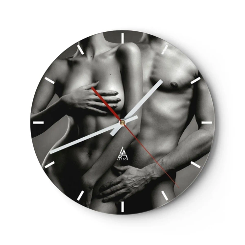 Ceas de perete - Ceas pe sticlă - Nud artistic în nuanțe de alb-negru - 30x30cm - Adam și Eva - Decorațiune modernă pentru perete pentru living, bucătărie și dormitor ARTTOR