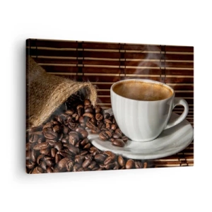 Tablou pe pânză Canvas - O ceașcă de cafea cu boabe pe un fundal de bambus - 70x50cm - Negru de cărbune, transparență de chihlimbar - Decorațiune modernă pentru perete pentru living și dormitor ARTTOR