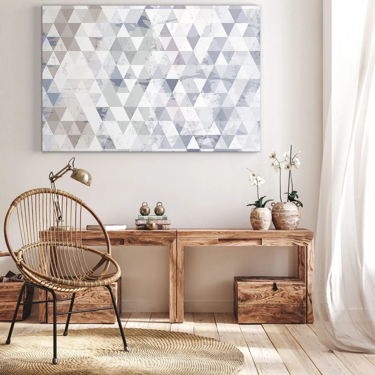 Tablou pe pânză Canvas - Model geometric triunghiular în nuanțe pastelate - 70x50cm - În ritm de trei - Decorațiune modernă pentru perete pentru living și dormitor ARTTOR