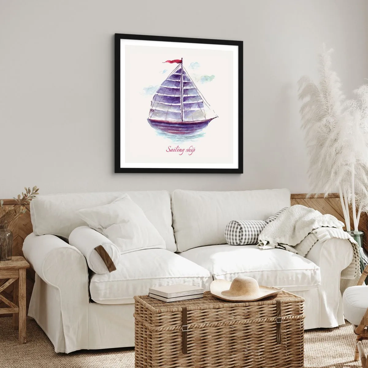 Poster în ramă neagră - Pânze pline și apă calmă - 40x40 cm