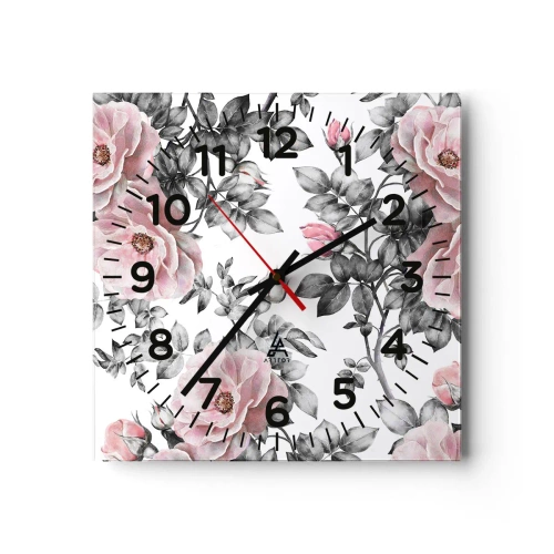 Ceas de perete - Ceas pe sticlă - Pierde-te în florile de trandafir - 30x30 cm