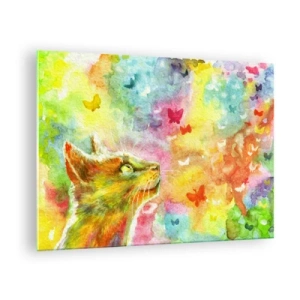 Tablou pe sticlă - O pisică observând fluturi colorați pe un fundal pastel. - 70x50cm - Raiul pisicilor - Decorațiune modernă pentru perete pentru living și dormitor ARTTOR