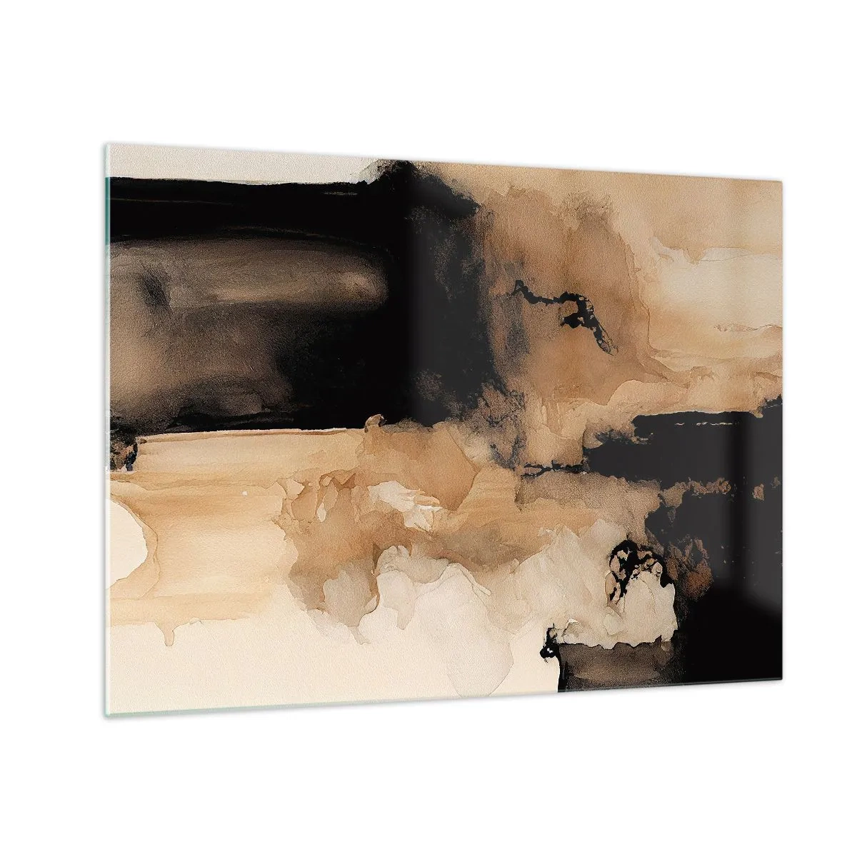 Tablou pe sticlă - O formă abstractă în negru și maro pe un fundal deschis - 70x50cm - O abstractizare intrigantă - Decorațiune modernă pentru perete pentru living și dormitor ARTTOR