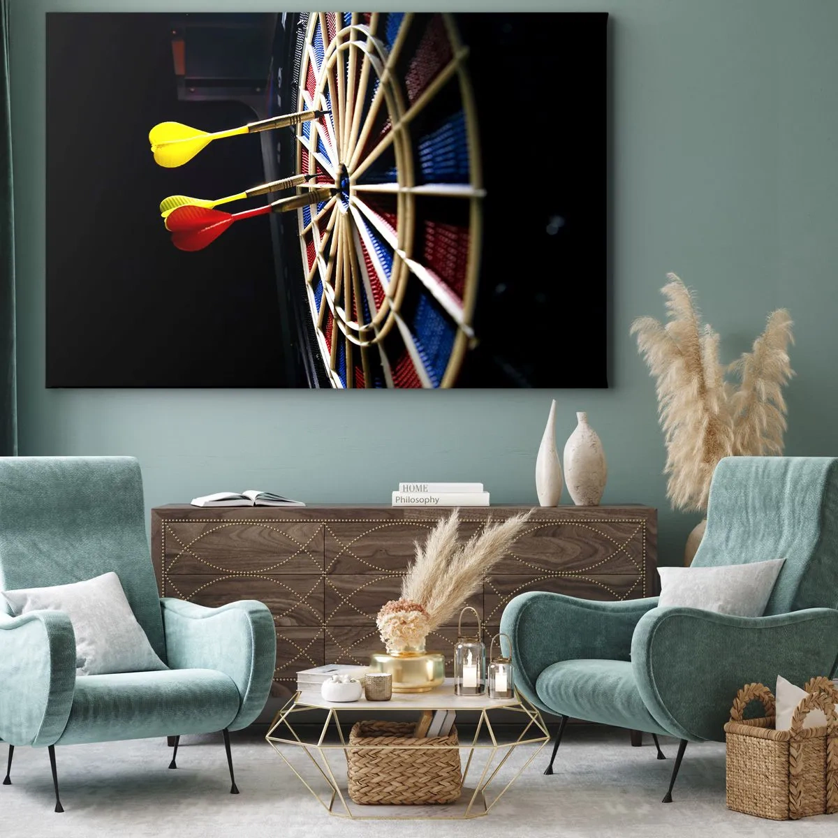 Tablou pe pânză Canvas - O tablă de darts cu darts lovite pe un fundal negru - 70x50cm - Direct la subiect - Decorațiune modernă pentru perete pentru living și dormitor ARTTOR