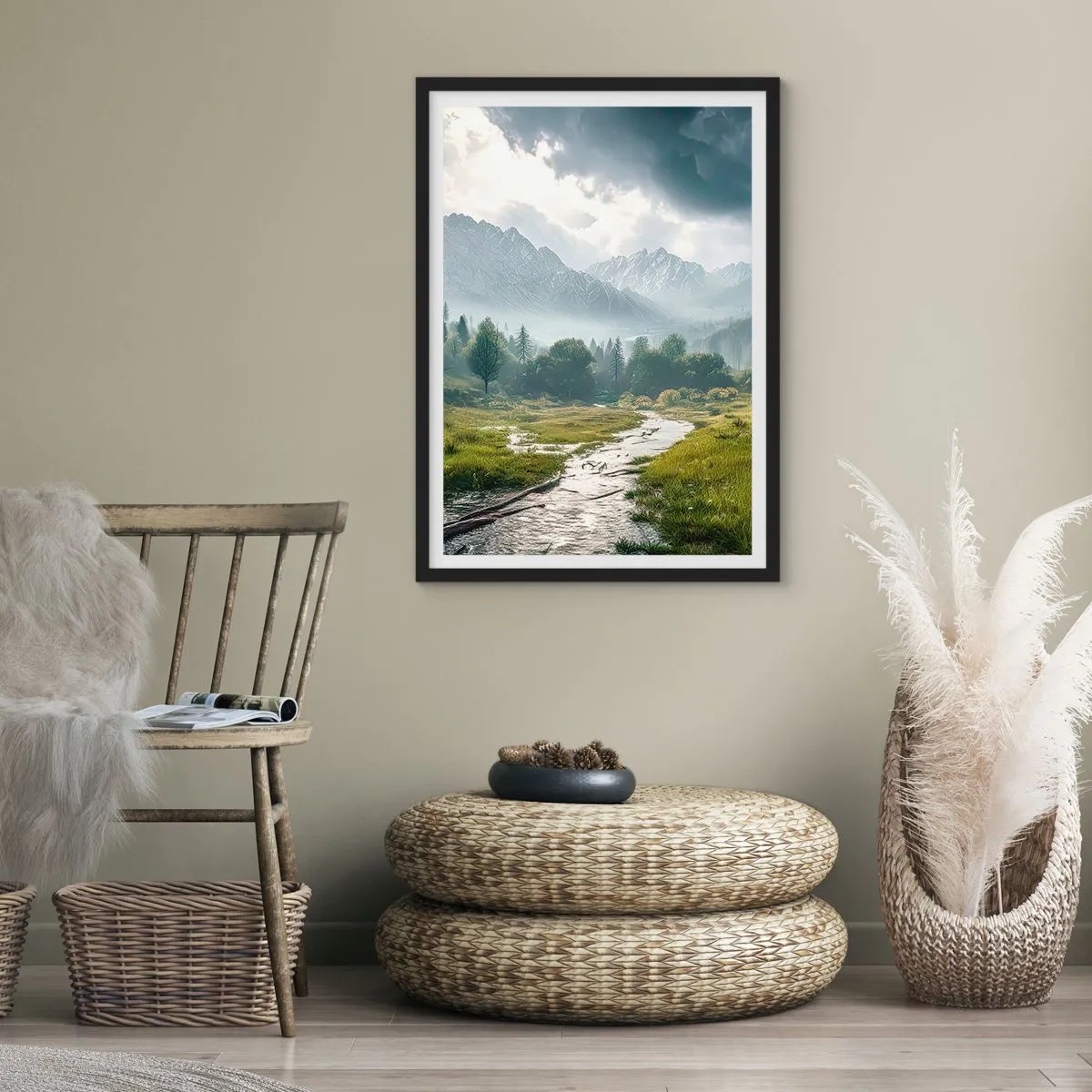 Poster în ramă neagră - O vale montană cu un râu și munți maiestuoși în fundal - 50x70cm - Până acolo și înapoi - Decorațiune modernă pentru perete pentru living și dormitor ARTTOR