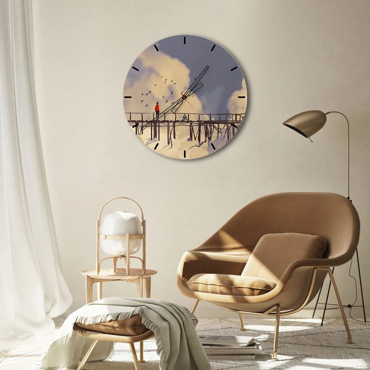 Ceas de perete - Ceas pe sticlă - O figură pe un pod cu păsări pe fundalul cerului și al norilor - 30x30cm - Dorință albastră - Decorațiune modernă pentru perete pentru living, bucătărie și dormitor ARTTOR