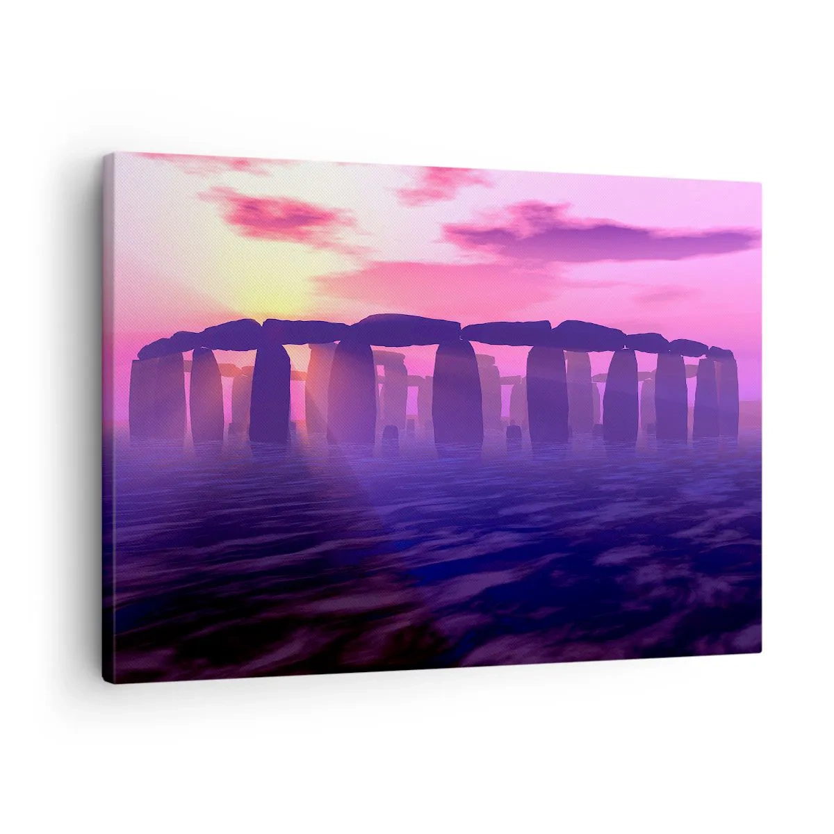 Tablou pe pânză Canvas - Cerc de piatră la apus cu un cer violet - 70x50cm - Mister în zori de zi în ceață - Decorațiune modernă pentru perete pentru living și dormitor ARTTOR