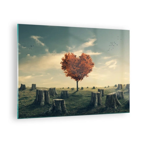 Tablou pe sticlă - Un copac în formă de inimă înconjurat de trunchiuri tăiate într-o poiană - 70x50cm - Încă mai există speranță - Decorațiune modernă pentru perete pentru living și dormitor ARTTOR