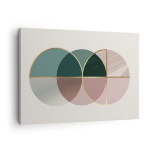 Tablou pe pânză Canvas - O compoziție abstractă de forme geometrice și linii aurii. - 70x50cm - Roată cu roată… - Decorațiune modernă pentru perete pentru living și dormitor ARTTOR