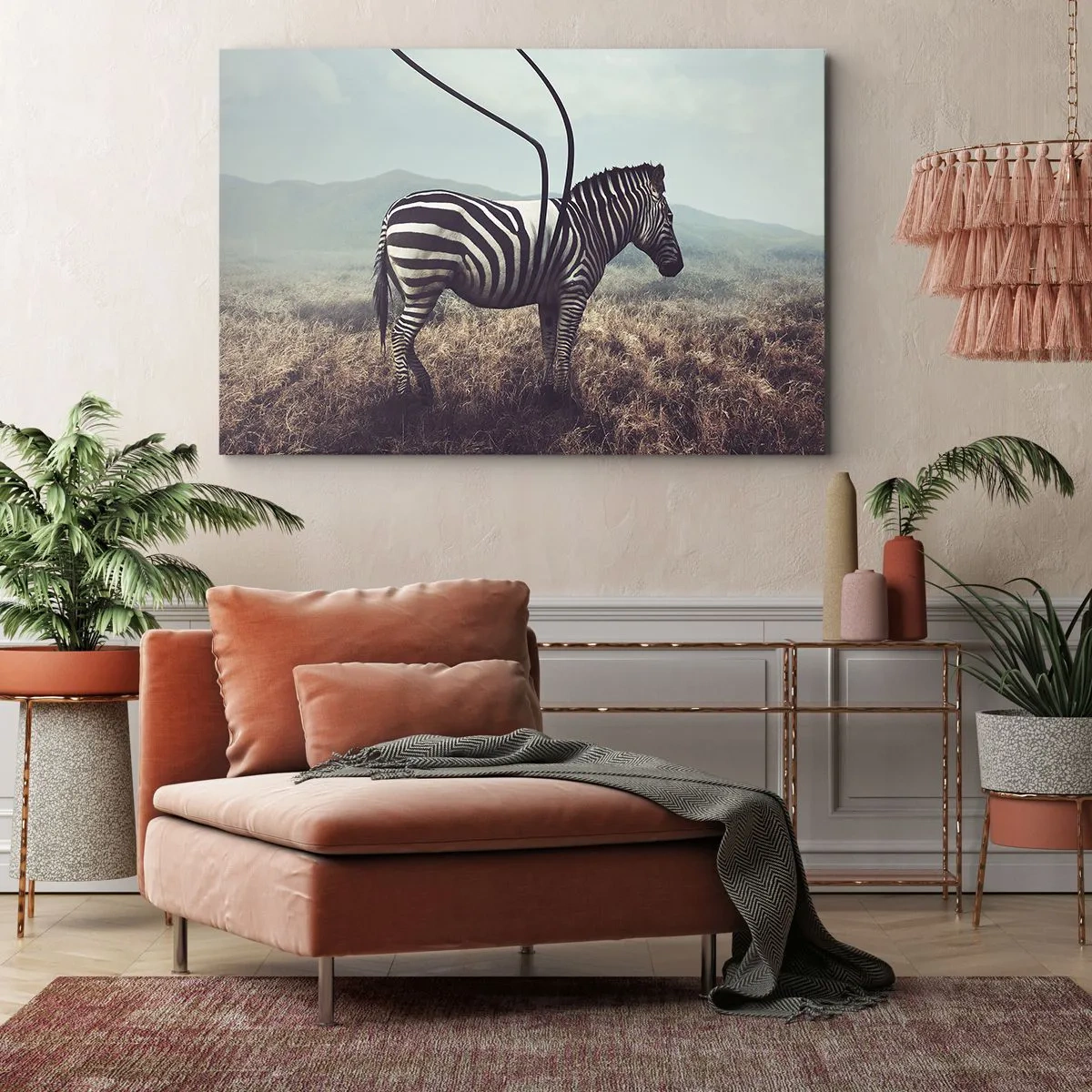 Tablou pe pânză Canvas - O zebră suprarealistă pe un peisaj ierbos - 70x50cm - Atenție! Defecțiune - Decorațiune modernă pentru perete pentru living și dormitor ARTTOR