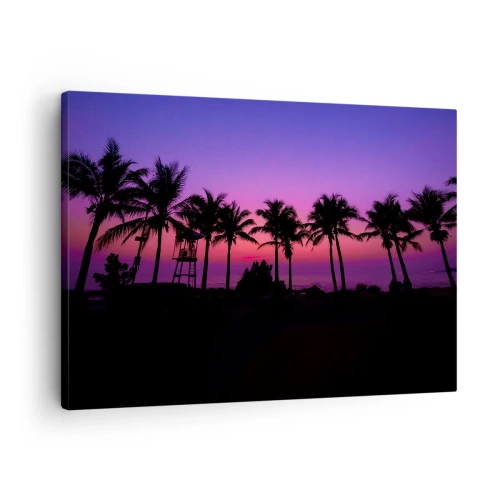 Tablou pe pânză Canvas - Siluete de palmieri pe un cer roz-violet la apus - 70x50cm - O seară sub palmieri - Decorațiune modernă pentru perete pentru living și dormitor ARTTOR