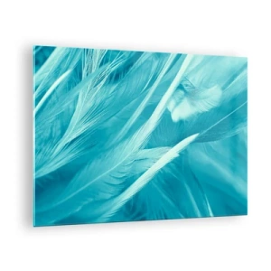 Tablou pe sticlă - Pene turcoaz într-un prim-plan delicat - 70x50cm - Înecându-se în puf - Decorațiune modernă pentru perete pentru living și dormitor ARTTOR