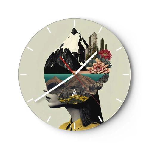 Ceas de perete - Ceas pe sticlă - Portret artistic al unei femei cu un peisaj și flori în cap - 30x30cm - Femeia - întotdeauna un mister - Decorațiune modernă pentru perete pentru living, bucătărie și dormitor ARTTOR