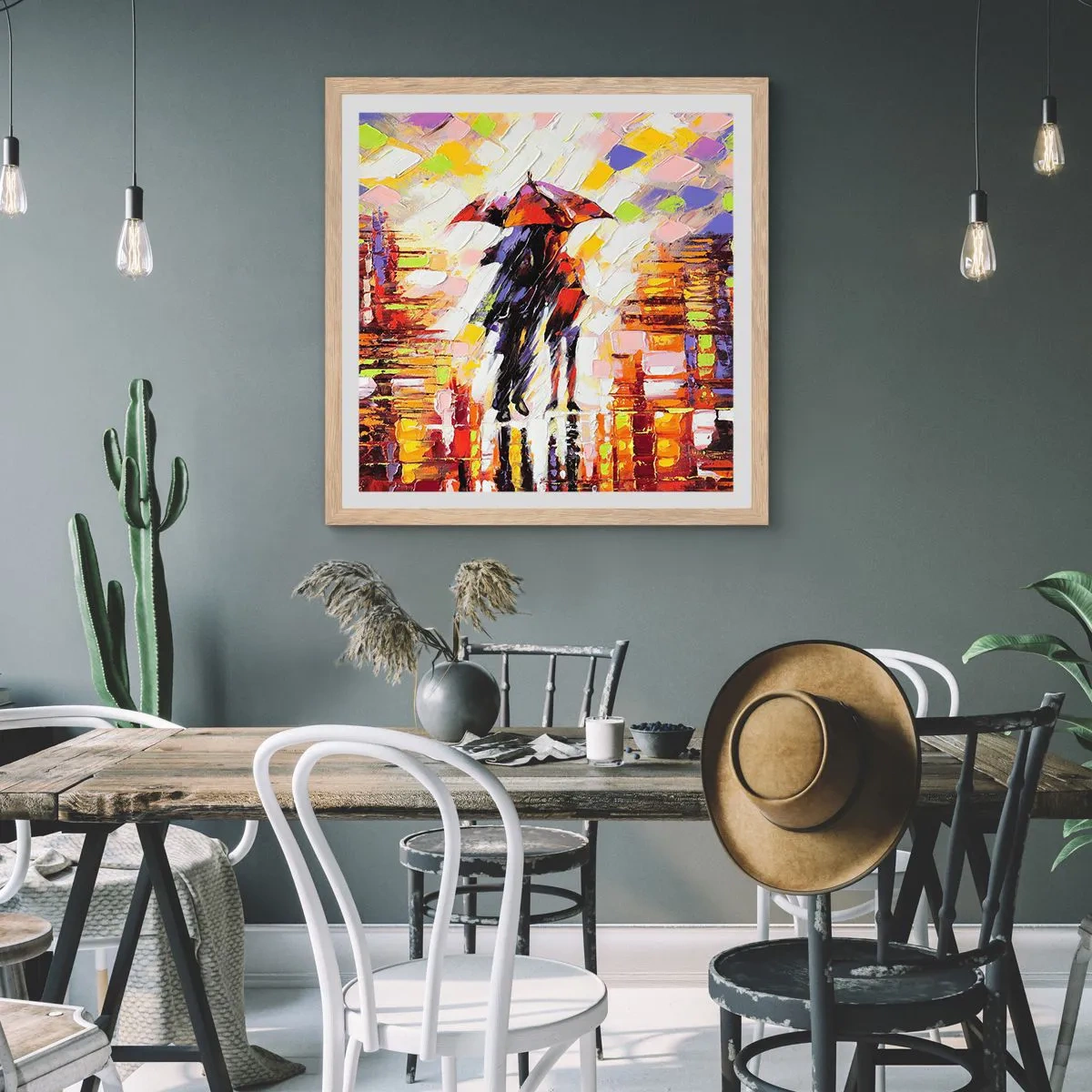 Poster în ramă de stejar deschis - Împreună prin noapte și ploaie - 40x40 cm