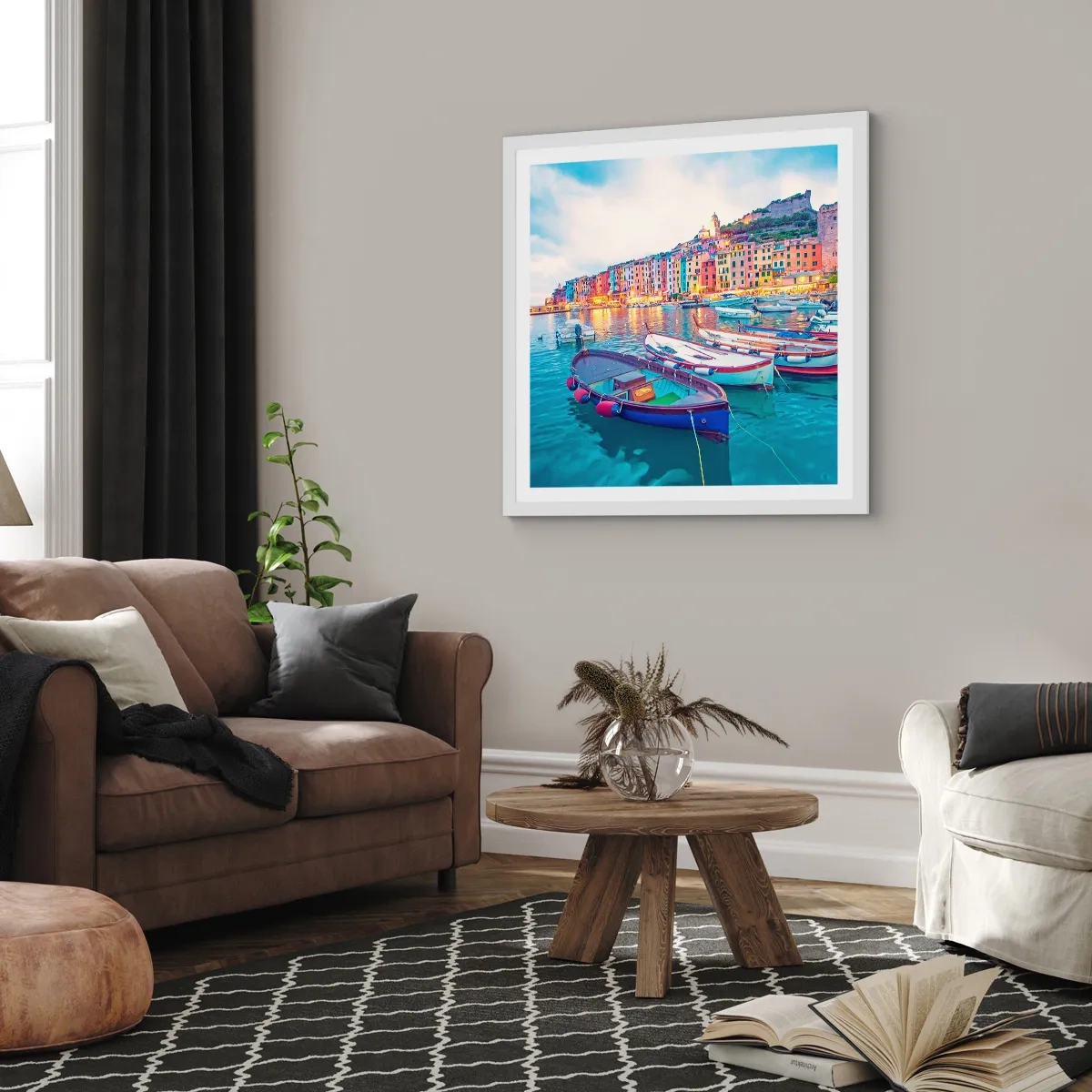 Poster în ramă albă - O seară plină de culoare în port - 30x30 cm