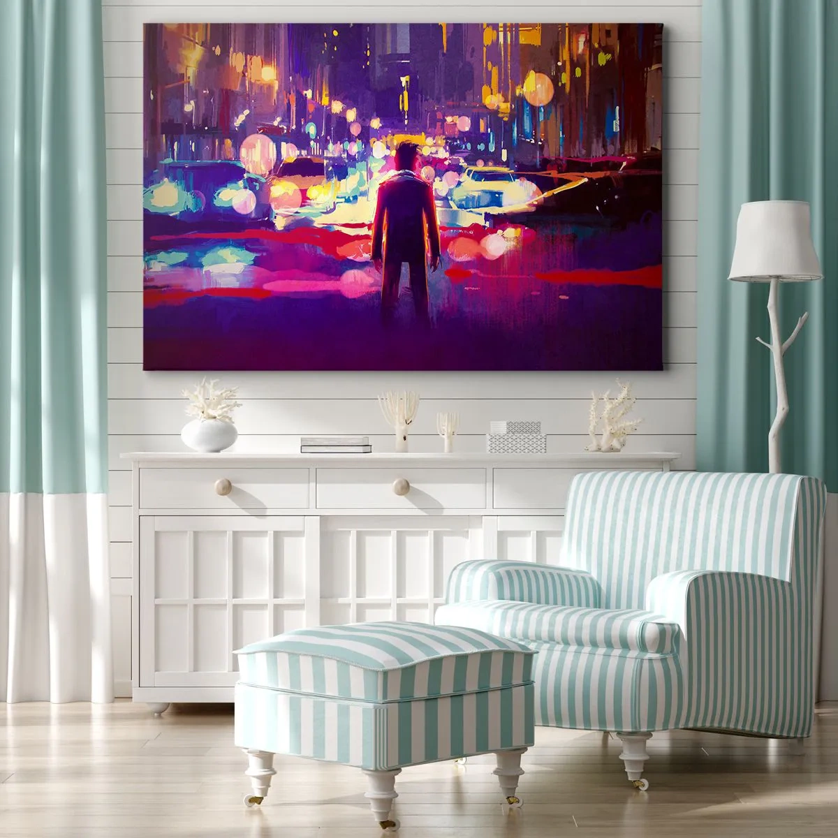Tablou pe pânză Canvas - Un bărbat într-o scenă nocturnă neon a orașului - 70x50cm - Scufundat în lumină - Decorațiune modernă pentru perete pentru living și dormitor ARTTOR