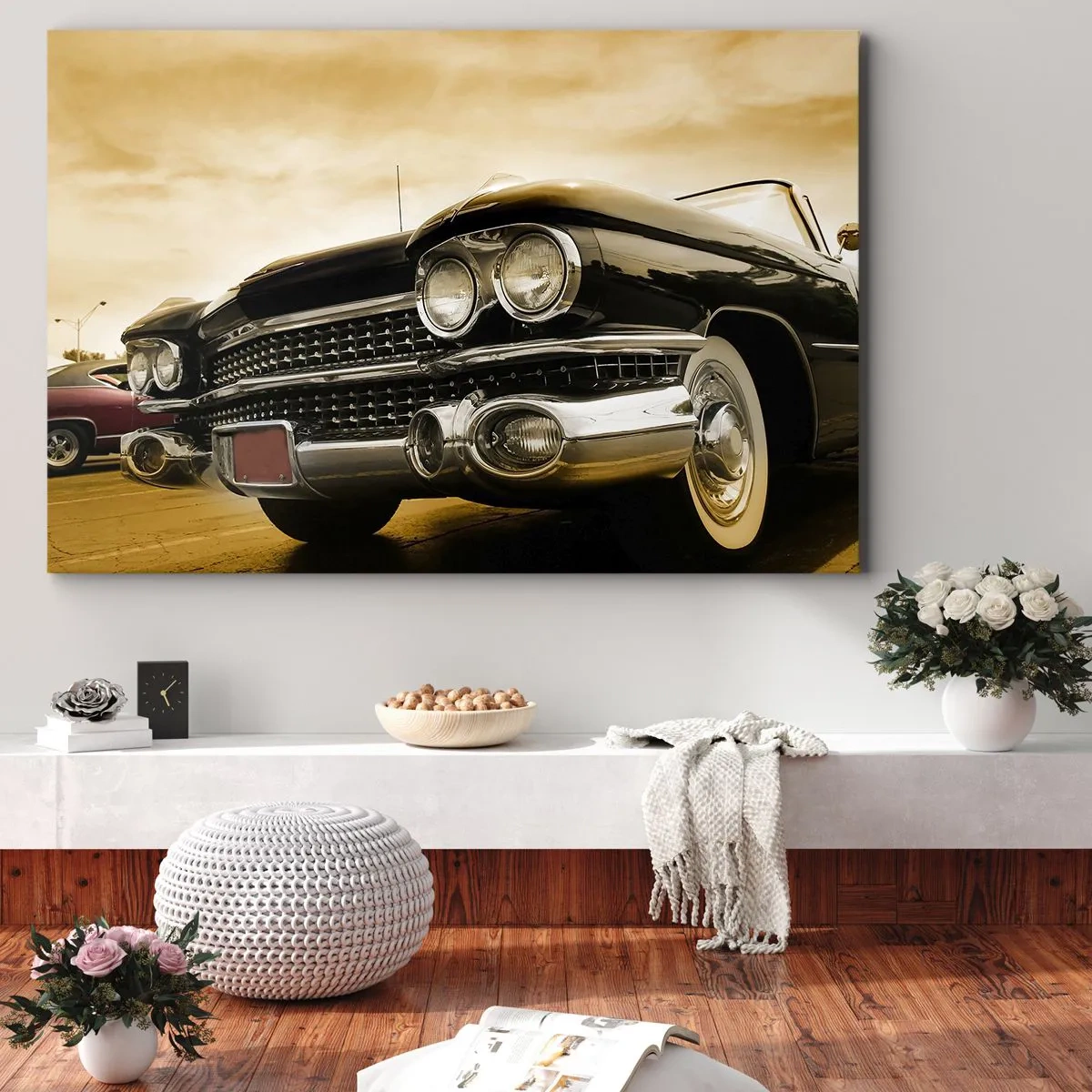 Tablou pe pânză Canvas - O mașină de epocă cu aspect retro și detalii cromate. - 70x50cm - Clasicul nu se demodează niciodată - Decorațiune modernă pentru perete pentru living și dormitor ARTTOR