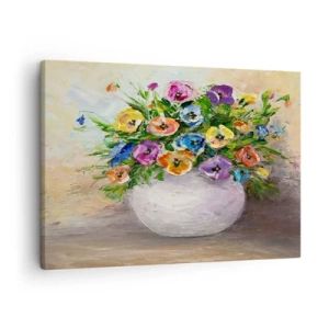 Tablou pe pânză Canvas - Un buchet de flori colorate într-o vază albă - 70x50cm - Natură moartă cu vază albă - Decorațiune modernă pentru perete pentru living și dormitor ARTTOR