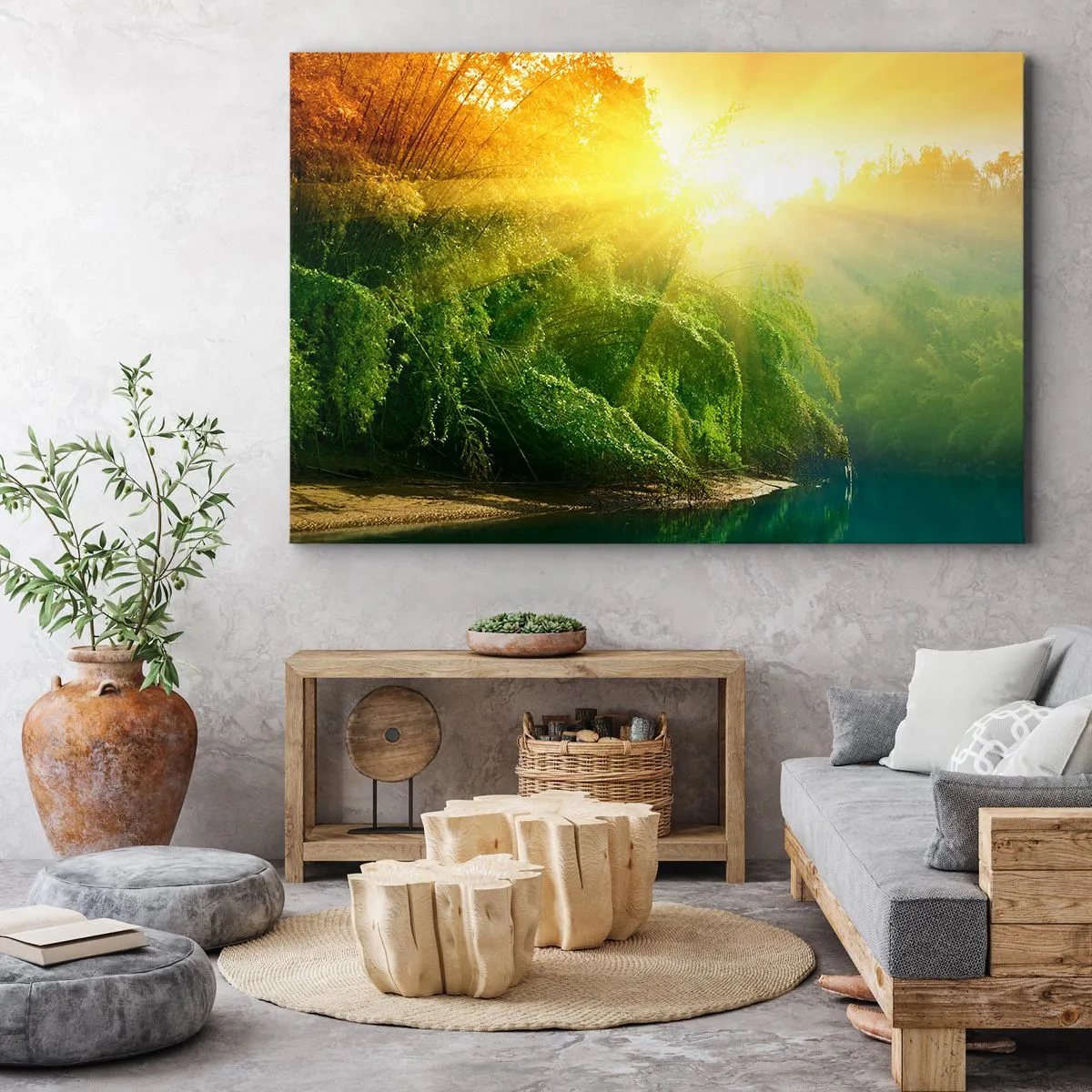 Tablou pe pânză Canvas - O pădure verde lângă râu, luminată de razele soarelui care răsare - 70x50cm - Scufundare în soare și umbră - Decorațiune modernă pentru perete pentru living și dormitor ARTTOR