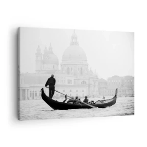 Tablou pe pânză Canvas - O gondolă cu bazilica în fundal, în alb și negru - 70x50cm - O călătorie la sursa frumuseții - Decorațiune modernă pentru perete pentru living și dormitor ARTTOR