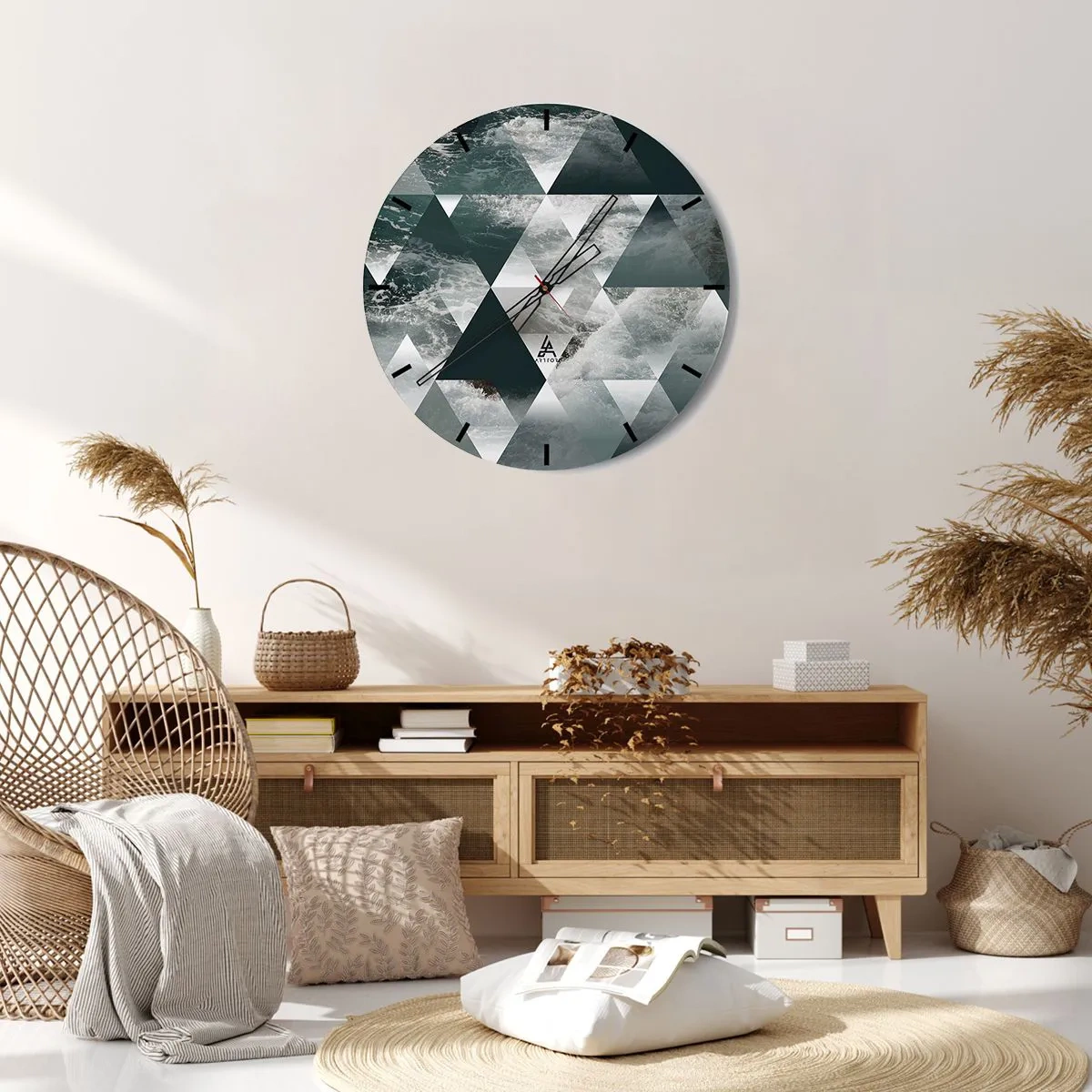 Ceas de perete - Ceas pe sticlă - Triunghiuri geometrice cu motivul unui ocean furtunos - 30x30cm - O perspectivă de cristal - Decorațiune modernă pentru perete pentru living, bucătărie și dormitor ARTTOR
