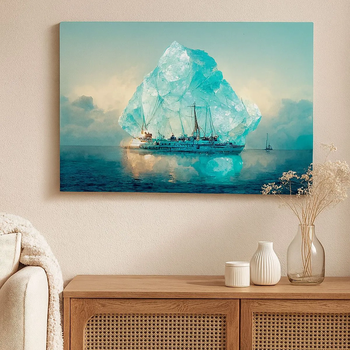 Tablou pe pânză Canvas - O navă cu un aisberg maiestuos în fundal - 70x50cm - Diamant arctic - Decorațiune modernă pentru perete pentru living și dormitor ARTTOR