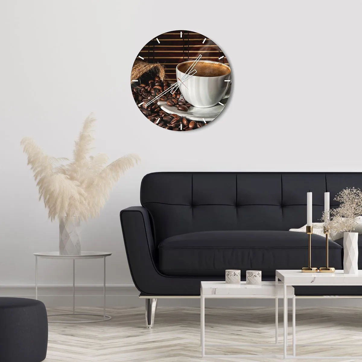 Ceas de perete - Ceas pe sticlă - Negru de cărbune, transparență de chihlimbar - 30x30 cm