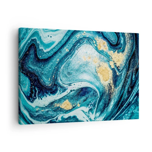 Tablou pe pânză Canvas - O compoziție abstractă de valuri și accente aurii - 70x50cm - Vârtej albastru - Decorațiune modernă pentru perete pentru living și dormitor ARTTOR