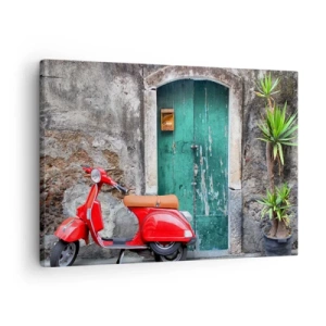 Tablou pe pânză Canvas - Scuter roșu lângă ușa verde - 70x50cm - Vacanța italiană - Decorațiune modernă pentru perete pentru living și dormitor ARTTOR