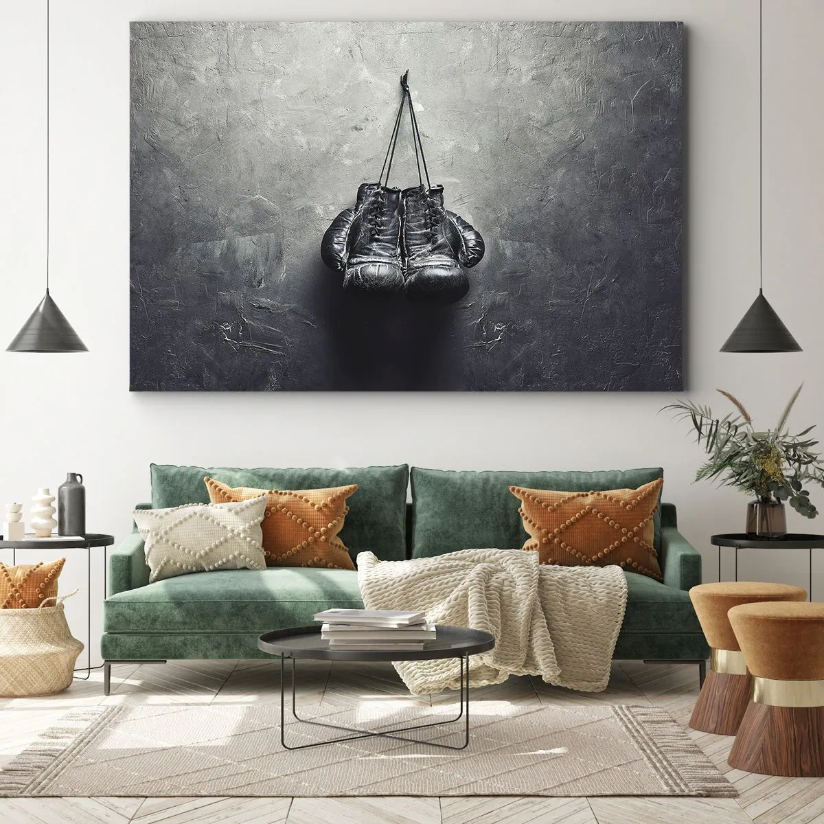 Tablou pe pânză Canvas - Mănuși de box vechi pe perete - 70x50cm - Timp de luptă și timp de pace - Decorațiune modernă pentru perete pentru living și dormitor ARTTOR