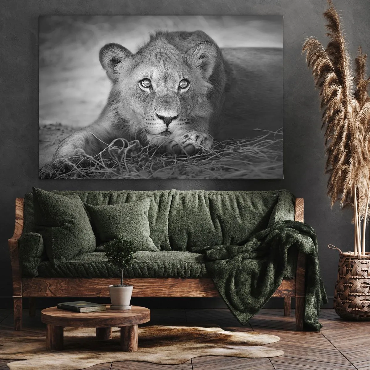 Tablou pe pânză Canvas - Portret monocrom al unui tânăr leu culcat - 70x50cm - Pisicuța regală - Decorațiune modernă pentru perete pentru living și dormitor ARTTOR