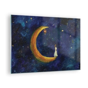 Tablou pe sticlă - O figură pe lună pe cerul nopții - 70x50cm - Chemarea lumii - Decorațiune modernă pentru perete pentru living și dormitor ARTTOR
