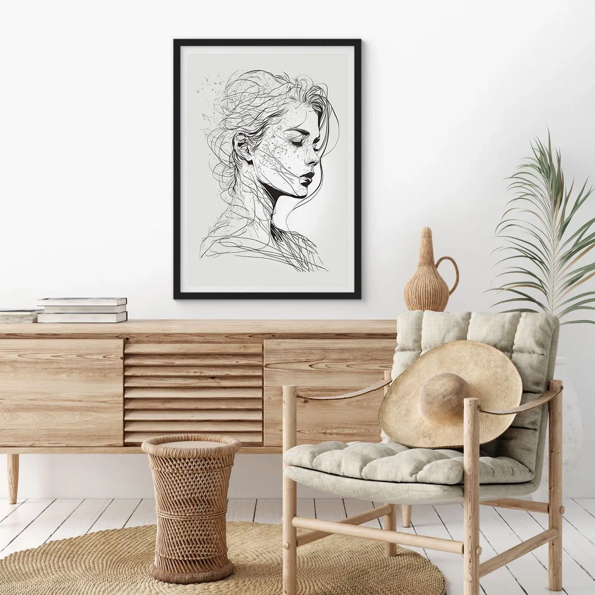Poster în ramă neagră - O schiță a unei femei cu părul lung, creată într-un stil minimalist. - 50x70cm - Desenată cu linii - Decorațiune modernă pentru perete pentru living și dormitor ARTTOR