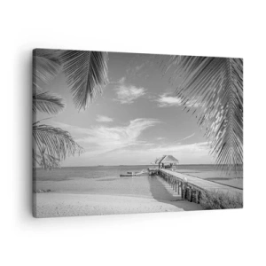 Tablou pe pânză Canvas - Plajă alb-negru cu dig și palmieri pe o coastă tropicală - 70x50cm - O amintire sau un vis? - Decorațiune modernă pentru perete pentru living și dormitor ARTTOR