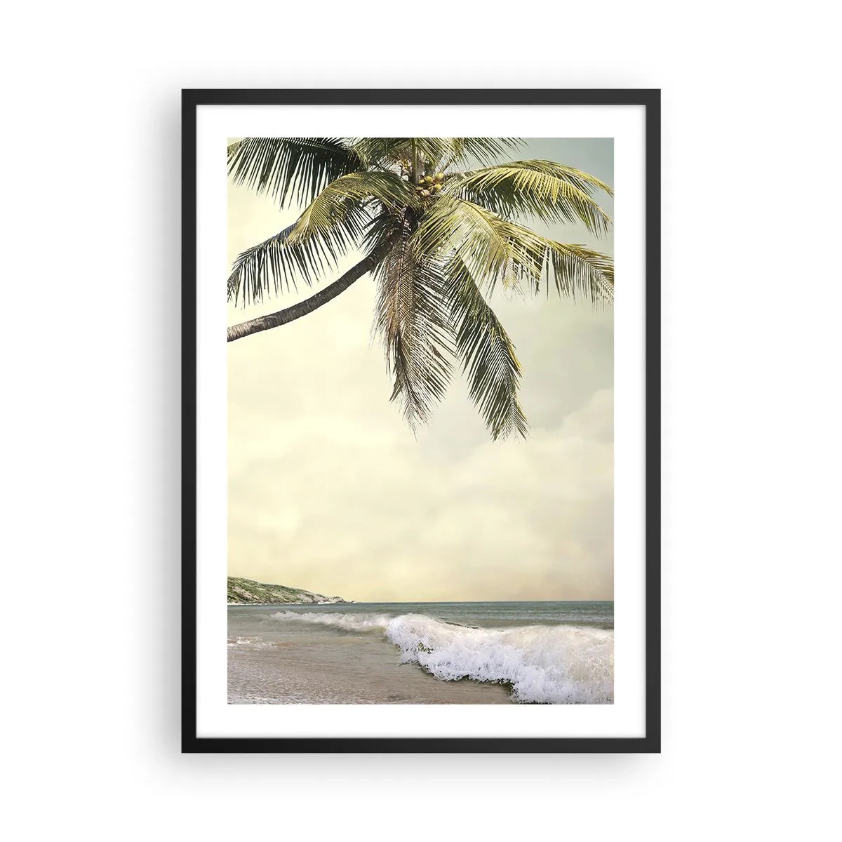 Poster în ramă neagră - Un palmier pe fundalul mării - 50x70cm - Vis tropical - Decorațiune modernă pentru perete pentru living și dormitor ARTTOR