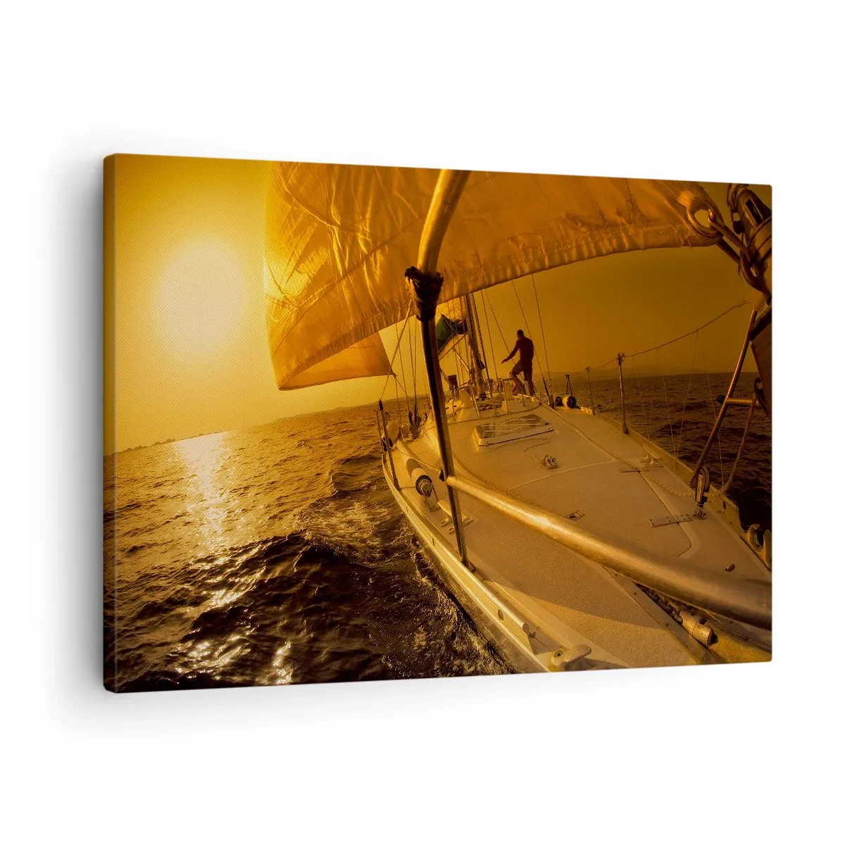 Tablou pe pânză Canvas - Barcă cu pânze pe mare la apus, strălucire aurie. - 70x50cm - O seară aurie după o zi multicoloră - Decorațiune modernă pentru perete pentru living și dormitor ARTTOR