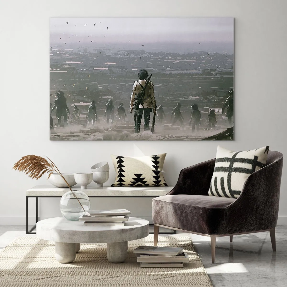 Tablou pe sticlă - O figură cu o pușcă în peisajul întunecat al unui grup care se apropie - 70x50cm - Ultimul om în picioare? - Decorațiune modernă pentru perete pentru living și dormitor ARTTOR