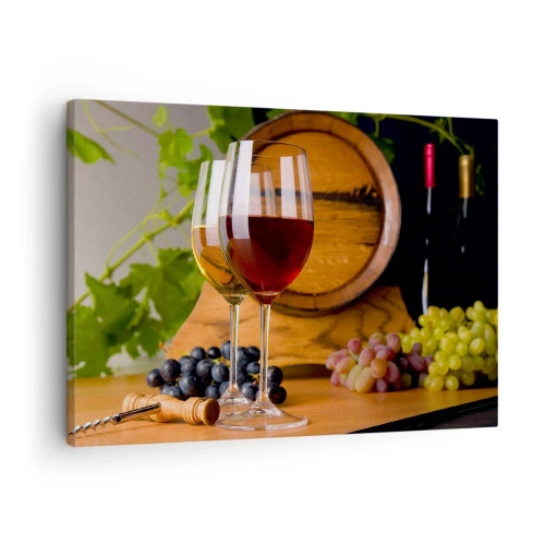 Tablou pe pânză Canvas - Pahare de vin cu struguri, un butoi și sticle pe o masă de lemn - 70x50cm - Ca la vechii maeștri - Decorațiune modernă pentru perete pentru living și dormitor ARTTOR