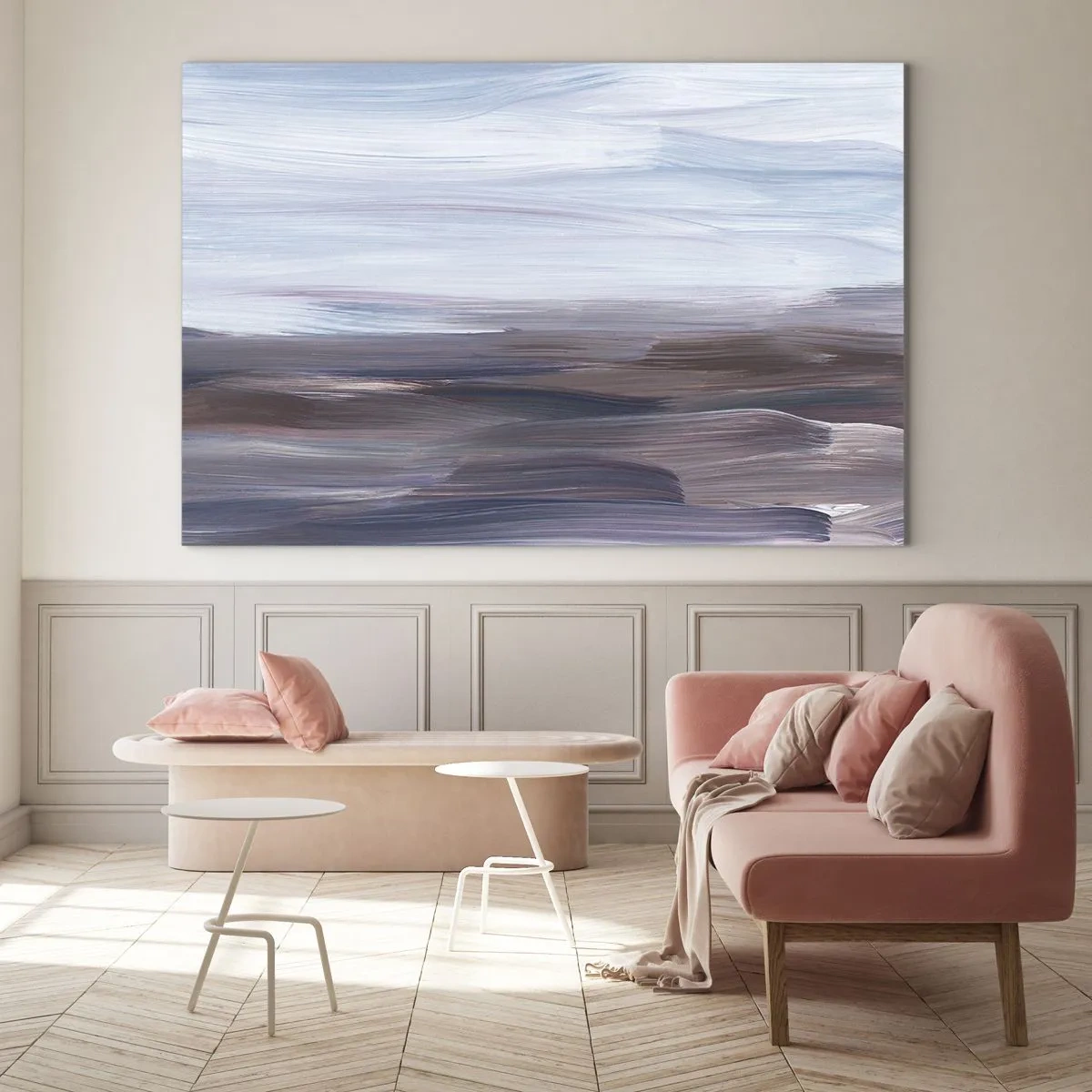 Tablou pe sticlă - Dungi orizontale de apă în nuanțe de albastru și maro într-un stil abstract - 70x50cm - Elemente: apă - Decorațiune modernă pentru perete pentru living și dormitor ARTTOR