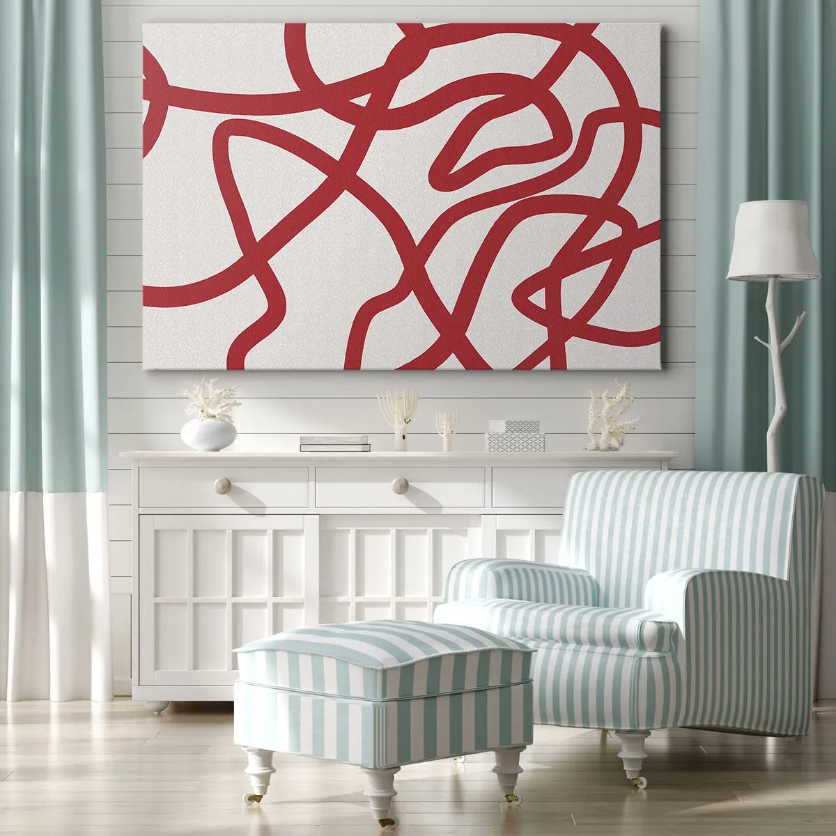 Tablou pe pânză Canvas - Linii abstracte roșii pe fundal alb - 70x50cm - Roșu pe alb - Decorațiune modernă pentru perete pentru living și dormitor ARTTOR