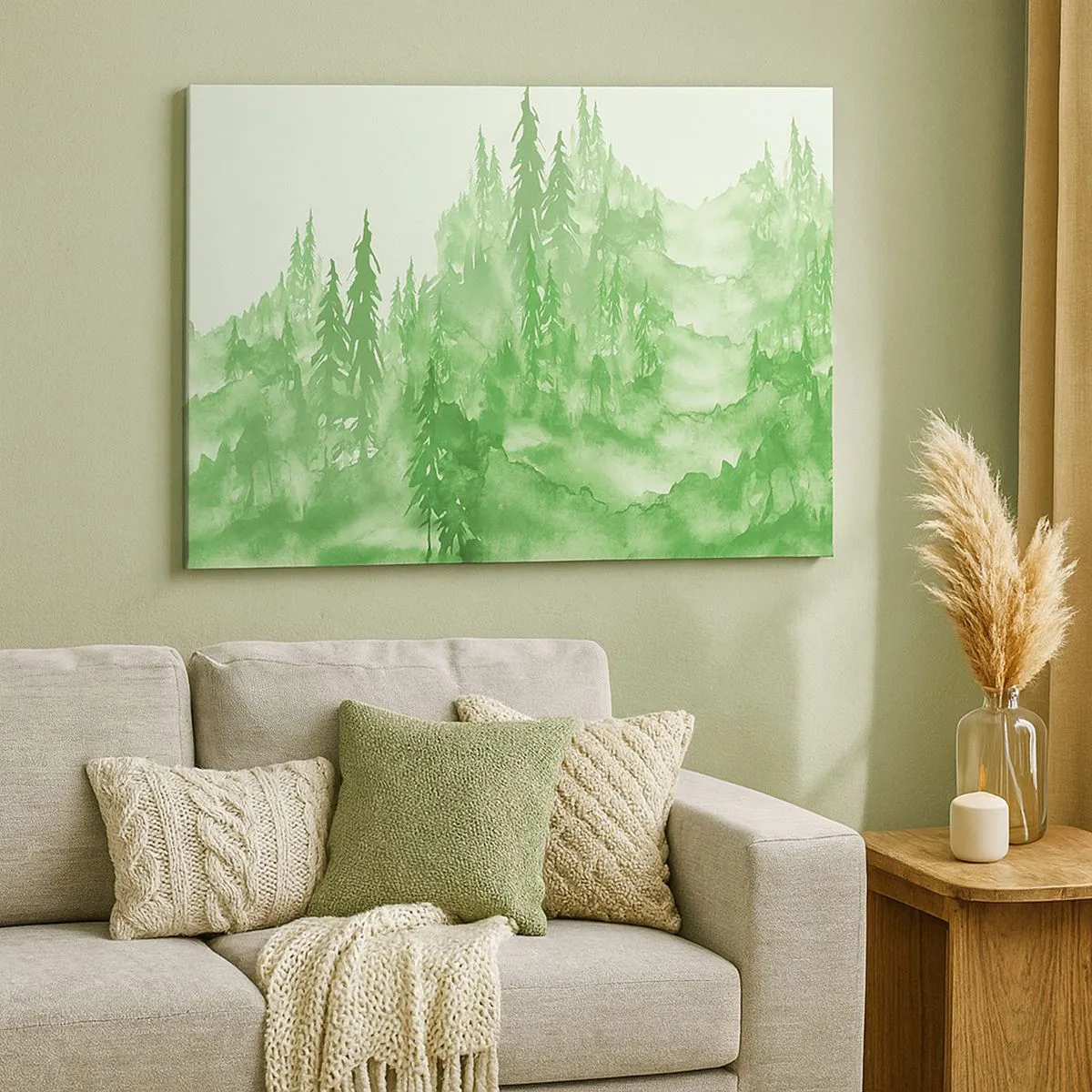 Tablou pe pânză Canvas - Pădure verde în stil acuarelă pe un fundal deschis - 70x50cm - Neclar prin ceața verde - Decorațiune modernă pentru perete pentru living și dormitor ARTTOR