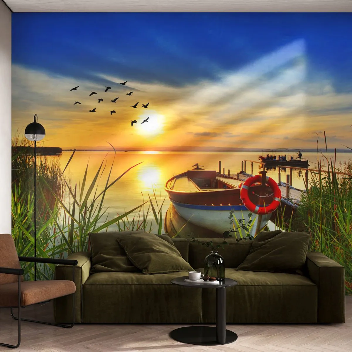 Tapet Premium Canvas - Cormoranii pleacă deja - Peisaj, Lac, Apus de soare - 350x256 cm