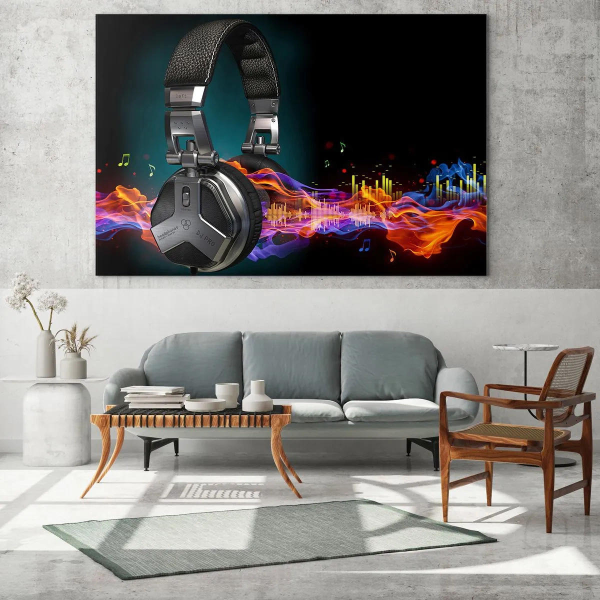 Tablou pe sticlă - Căști DJ cu unde sonore colorate și note muzicale - 70x50cm - În focul muzicii - Decorațiune modernă pentru perete pentru living și dormitor ARTTOR